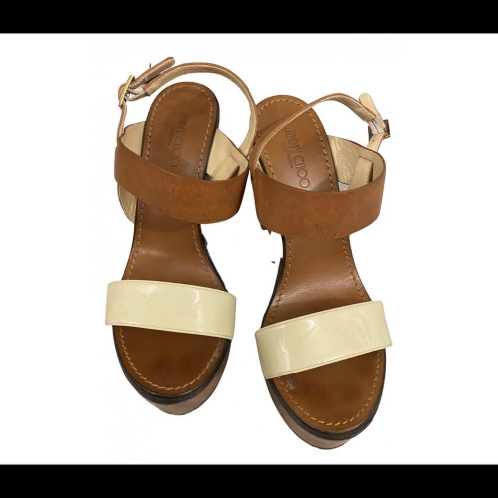Jimmy Choo patent/wood sandals size 9